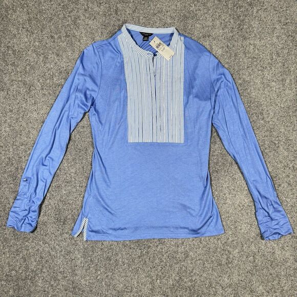NWT Ann Taylor Jersey Knit Blue Striped Cotton Bib Long Sleeved Top XSP Petite - Picture 5 of 10